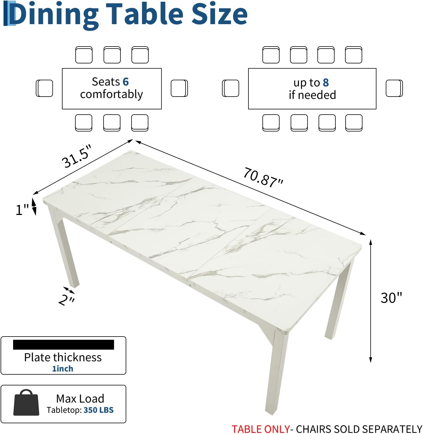 Garvee Industrial Dining Table for 6-8 People, 71" Long Large Kitchen Table with Sturdy Metal Frame, Rectangular Counter for Dinner, Kitchen, Dining Room (White, 71" Long)