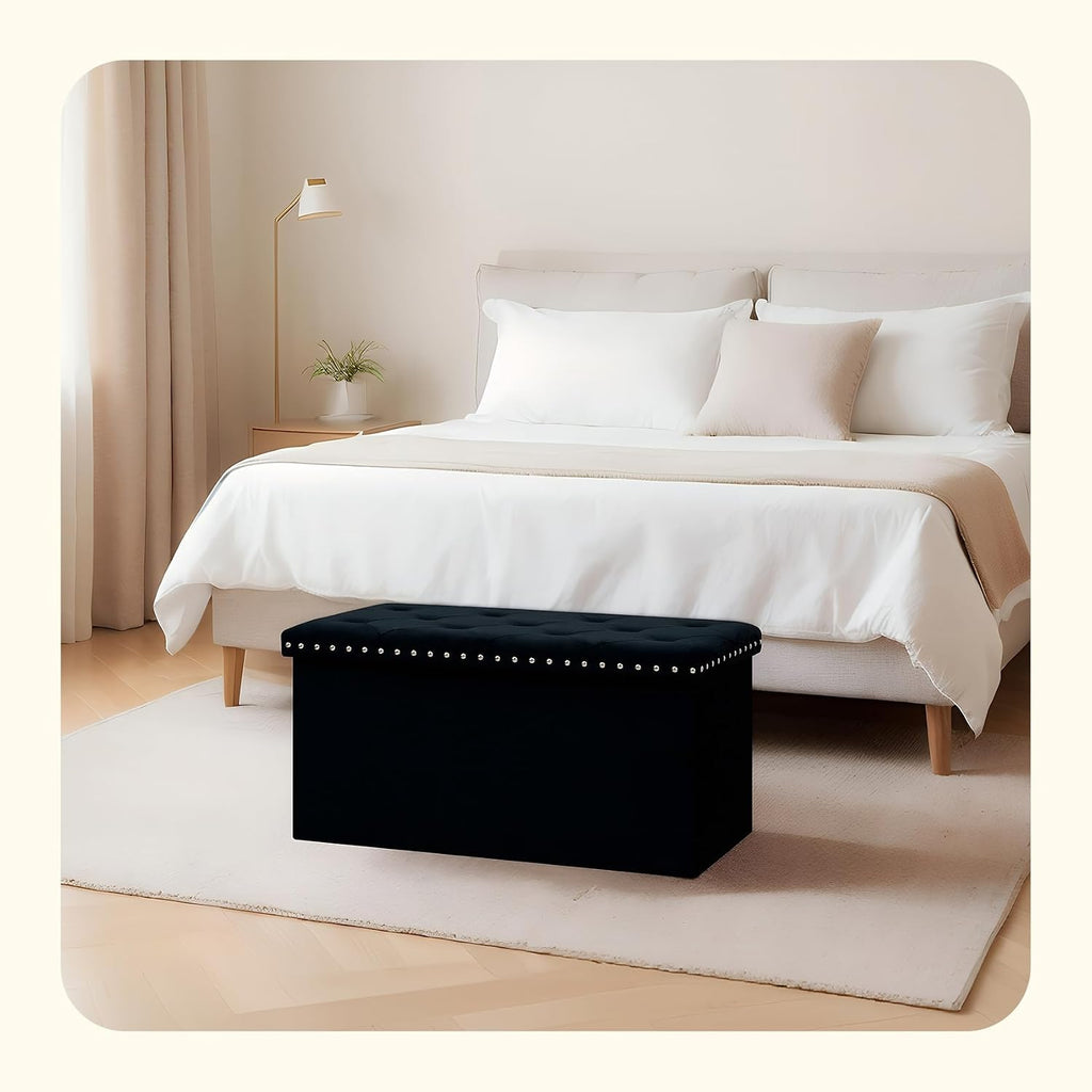 PINPLUS Velvet Storage Ottoman Bench with Foot Rest, Large Long Folding Shoes Stool, Sturdy Space-Saving Furniture for Bedroom Living Room, Black, 30"x15"x15"