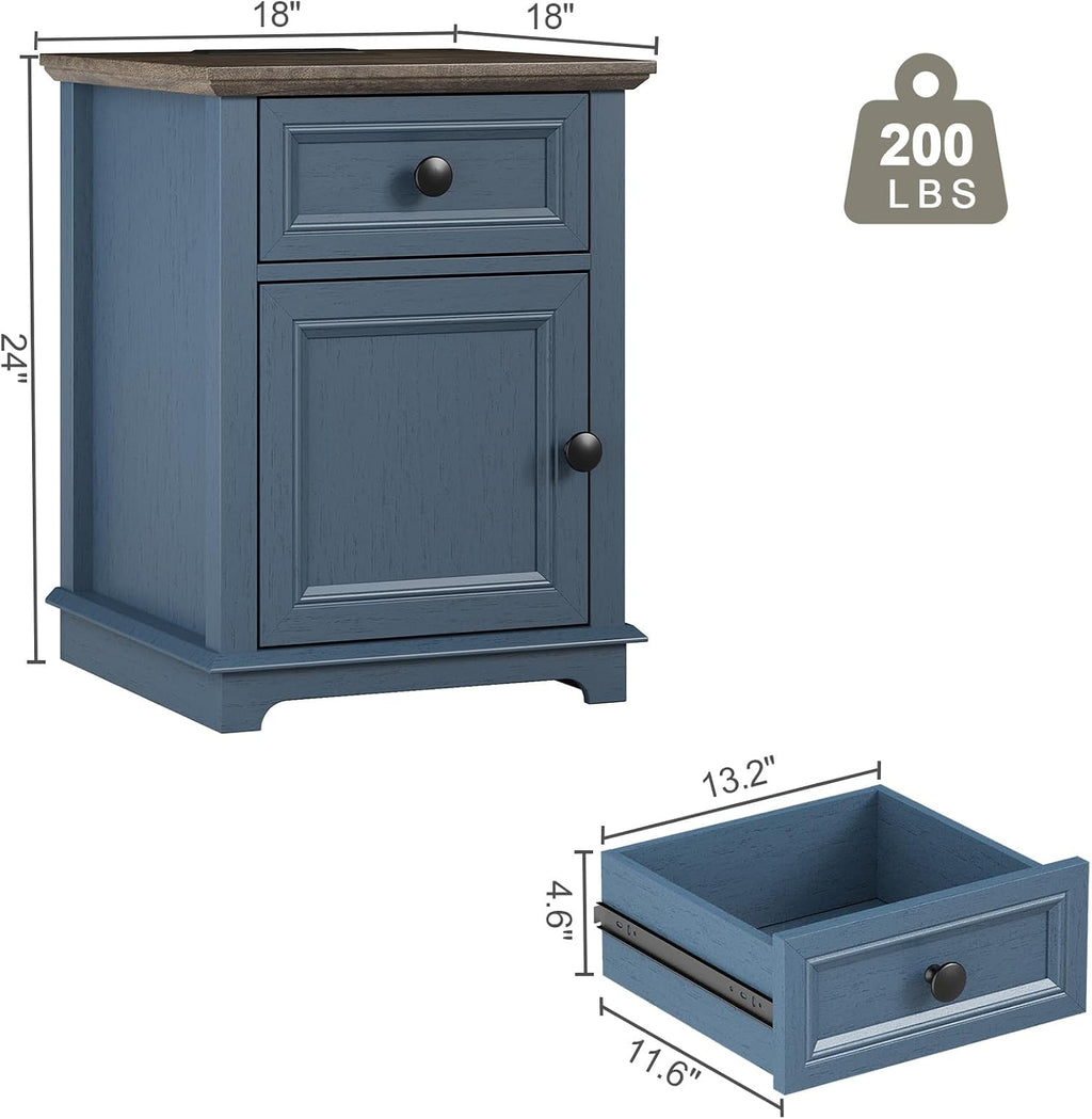 REDAYFUR 24" Tall End Table with Fast Charging Station, Square Side Table with Drawer & Large Storage Cabinet, Vintage Wooden Table for Living Room/Bedroom, Blue
