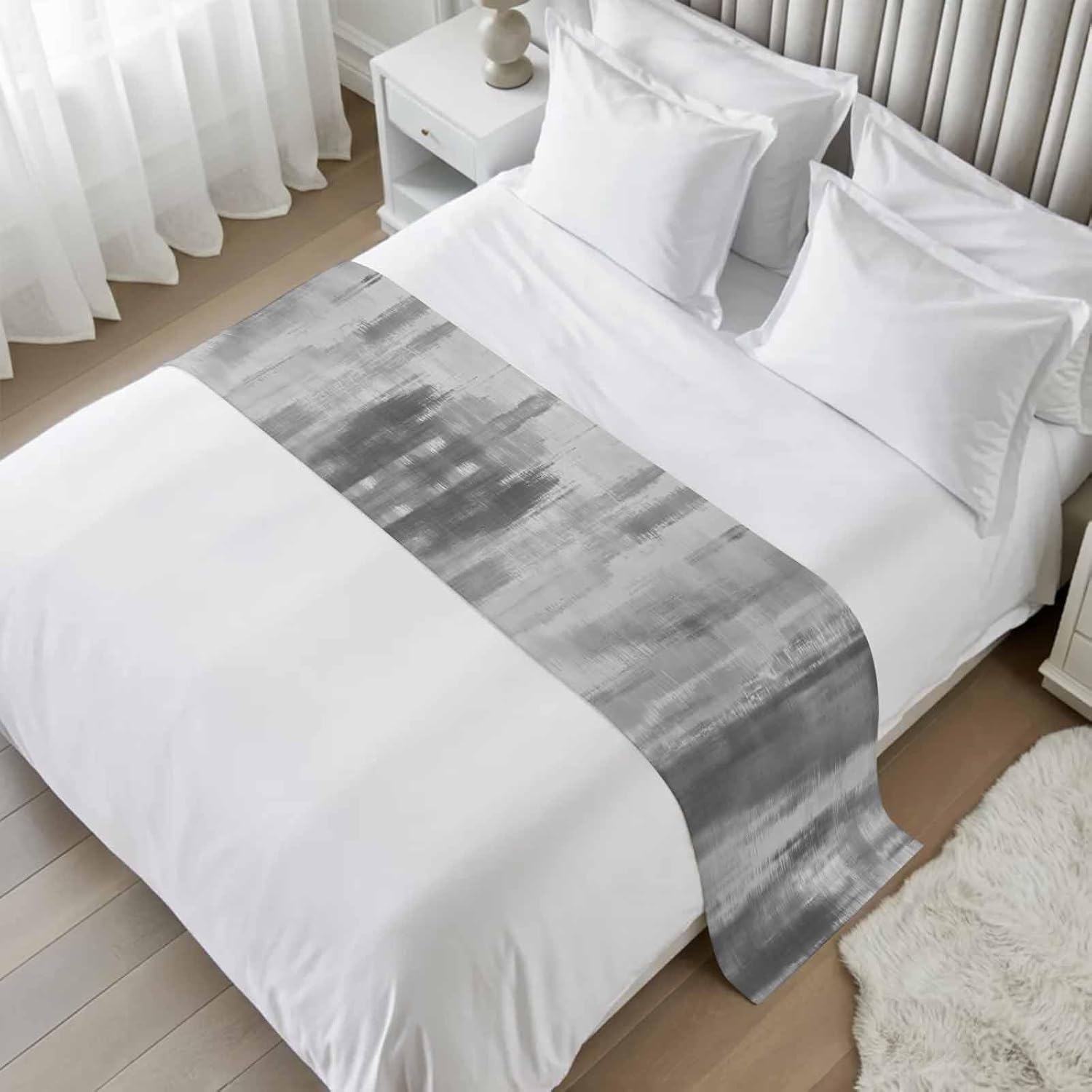 Grey Black Ombre Bed Runner Scarf Cal King Size, Vintage Shabby Gray Abstract Art Luxury Bed Throw Runners & Scarves for Twin Full Queen King Foot of Beds, Bedroom Decoration, 102"x20"