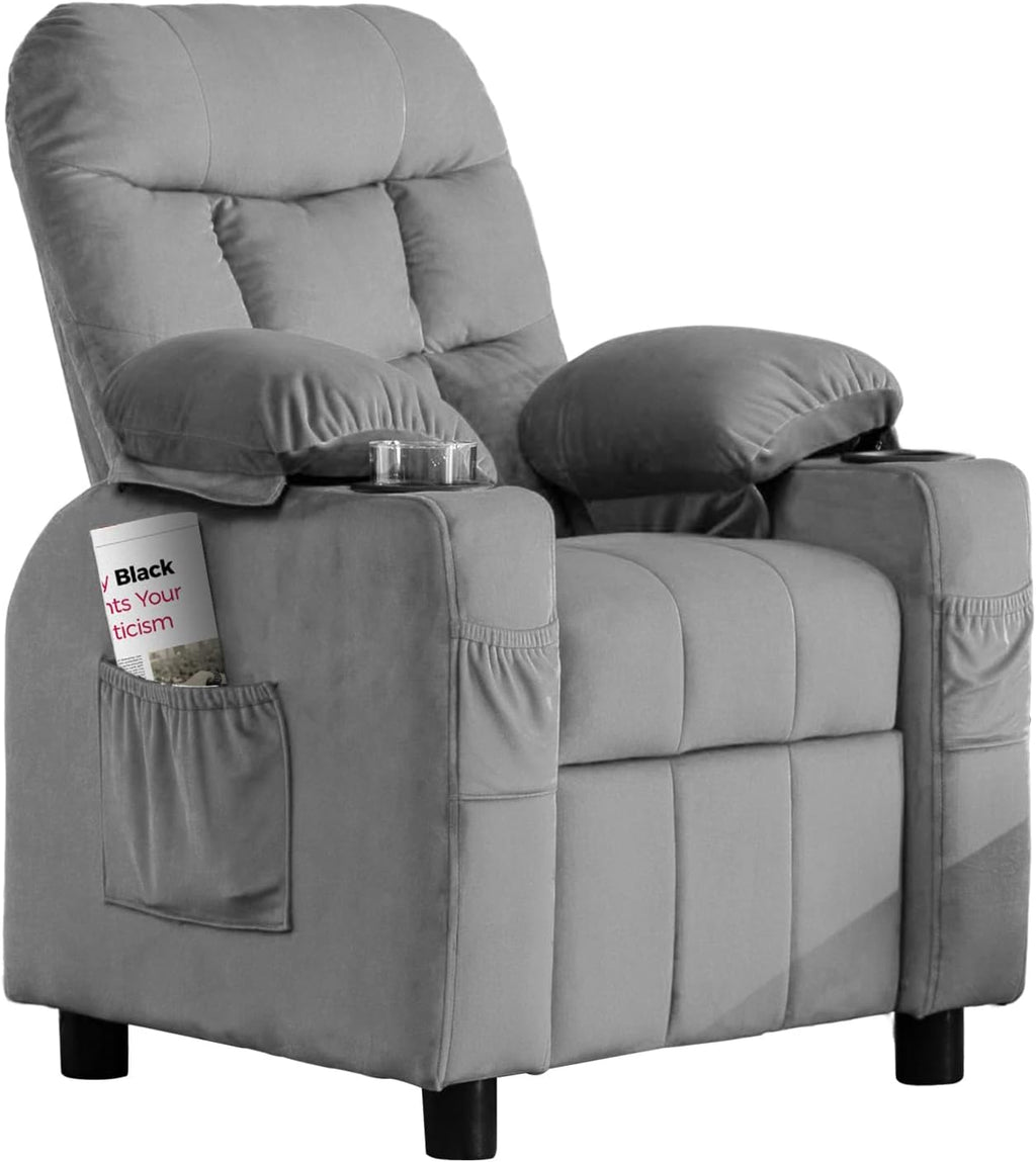 Kids Recliner, Toddlers Kids Recliner Chair with Cup Holder, Ergonomic Adjustable Velvet Lounge Chair with Footrest & Side Pockets, Toddlers Baby Sofa for Boys Girls Bedroom (Gray)
