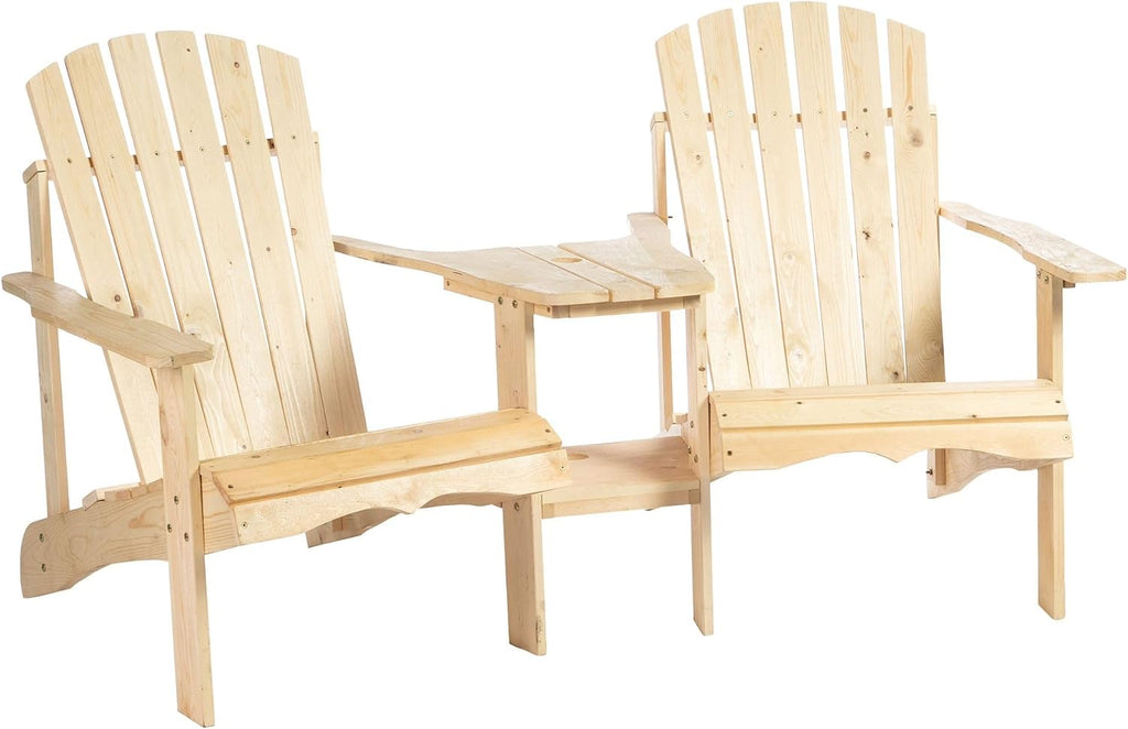 Comfortable 2-Unit Wooden Adirondack Chairs Set Featuring Center Table Umbrella Hole Natural Finish Durable Material Construction