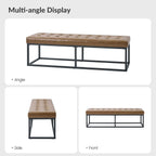 HULALA HOME 61" Faux Leather Bench with Metal Base, Upholstered Bedroom Bench for End of Bed, Button-Tufted Footstool for Entryway Living Room Dining Room, Camel