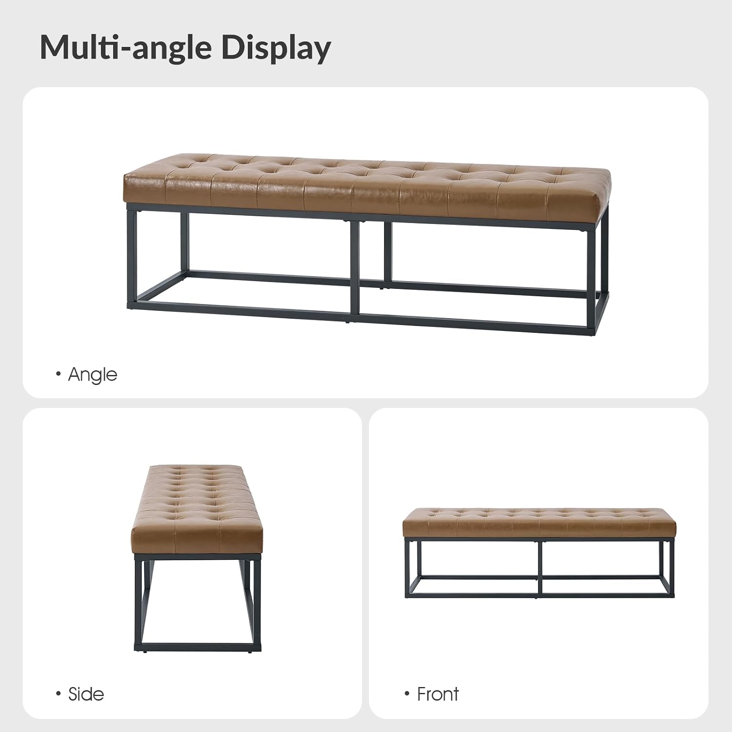 HULALA HOME 61" Faux Leather Bench with Metal Base, Upholstered Bedroom Bench for End of Bed, Button-Tufted Footstool for Entryway Living Room Dining Room, Camel