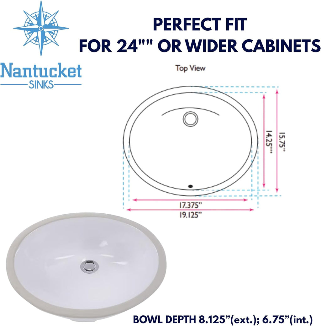 Nantucket Sinks GB-17x14-W Undermount Bathroom Sink – 17"x14" Oval White Bowl Bath Vanity Sink, Glazed Bottom for Open Console, w Overflow – Ceramic, High Gloss, Stain & Scratch Resistant