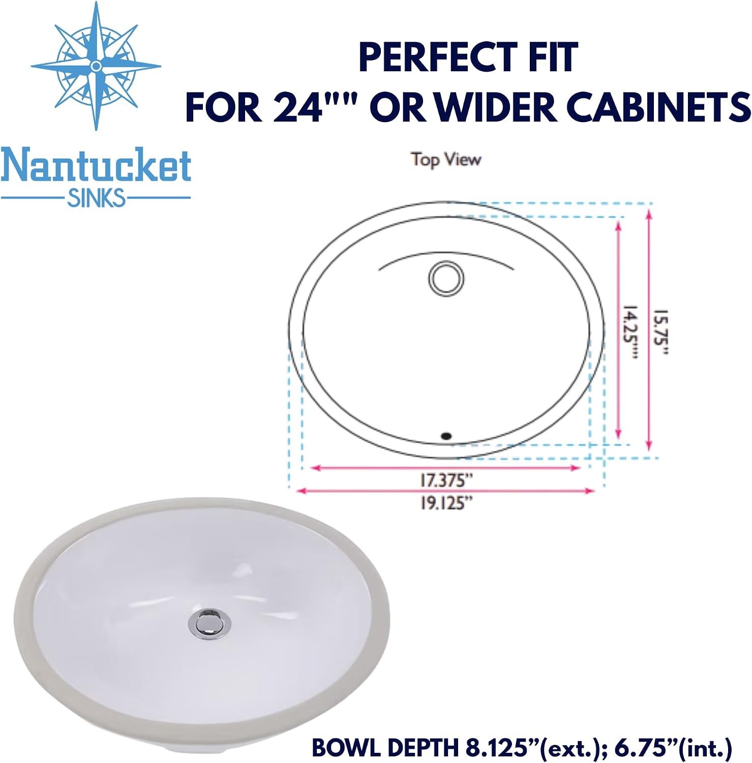 Nantucket Sinks GB-17x14-W Undermount Bathroom Sink – 17"x14" Oval White Bowl Bath Vanity Sink, Glazed Bottom for Open Console, w Overflow – Ceramic, High Gloss, Stain & Scratch Resistant