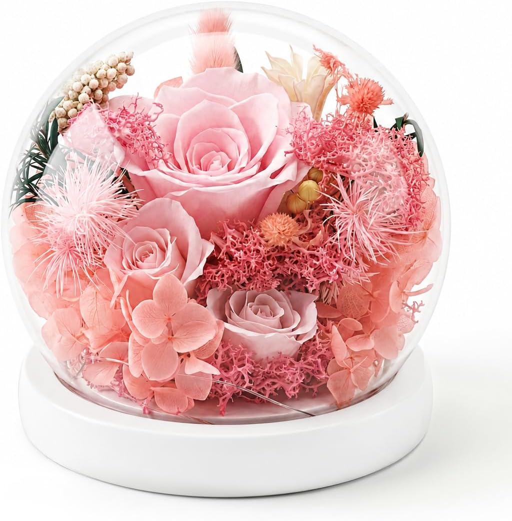 Forever Preserved Flowers Decoration in Clear Glass Dome, Long Lasting Flowers Gift for Her, Romantic Gift for Mother’s Day Valentine’s Day (Pink)