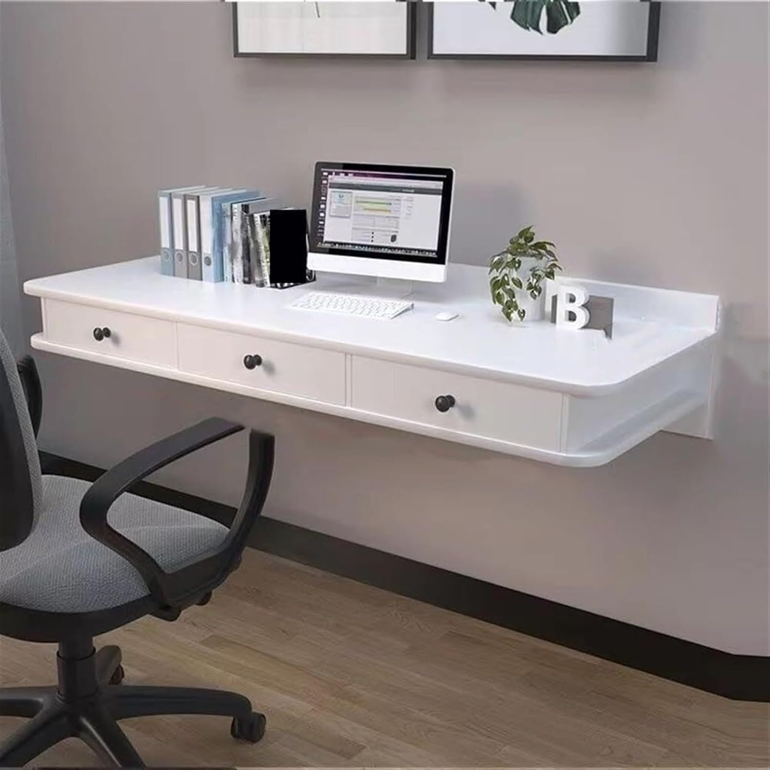 Floating Laptop Computer Desk Dressing Table Wall Mount Shelf with Drawer Wooden Bedside Tables Mounted Nightstand for Room All Occasion(White,120x30x40cm)