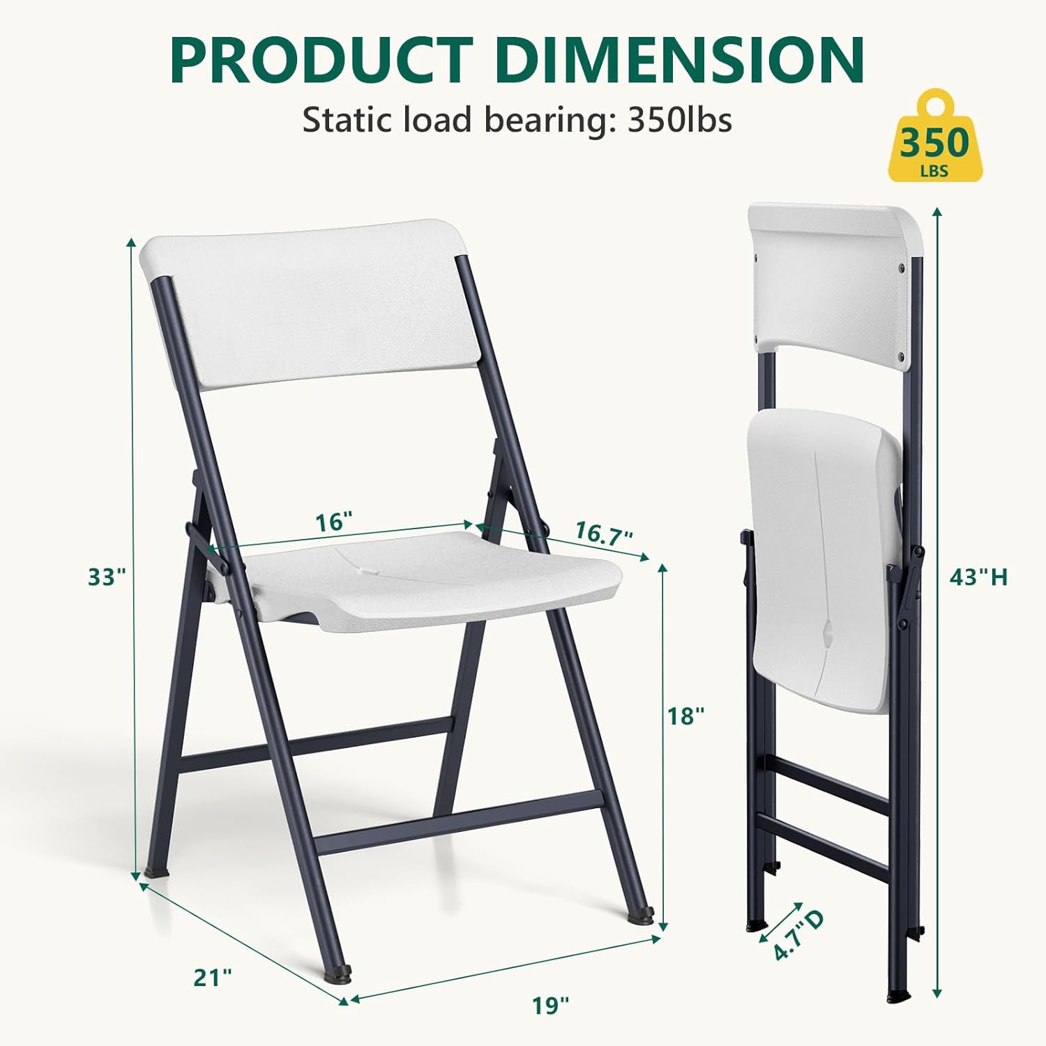 White Folding Chairs 4 Pack, Outdoor Portable Plastic Foldable Chairs with Metal Frame, 300lbs Capacity Heavy Duty Folding Chairs for Patio, Picnic, Kitchen, Dining, Party