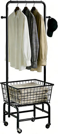 Rolling Laundry Cart with Hanging Rack Metal Laundry Basket with Wheels Laundry Hamper with Storage Basket and Shelf for Laundry Room Organization Black