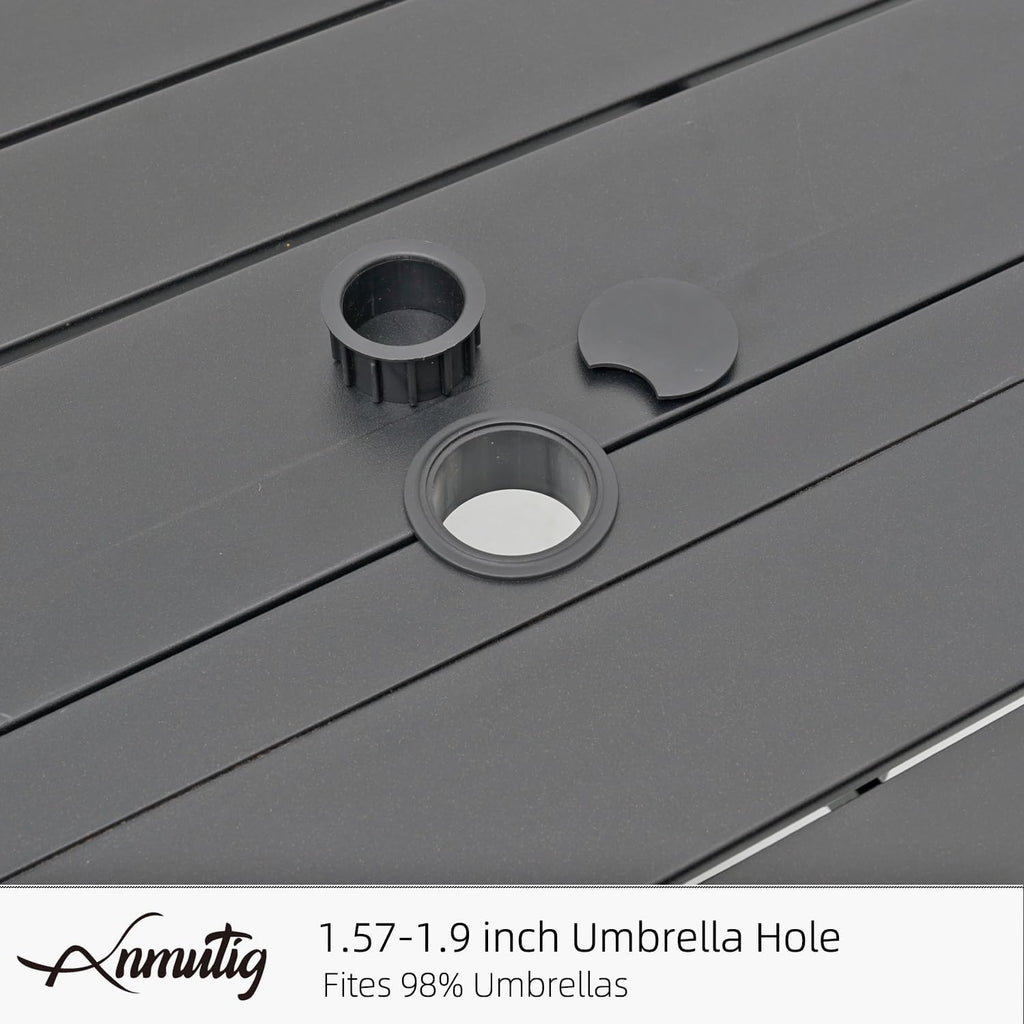 63"x38" Rectangle Outdoor Patio Dining Table with Umbrella Hole - 6 Person | 63" x 38" x 28" Rectangle Table, Slat Table Top, Black, Metal Top and Frame, 1.57"-1.9" Adjustable Umbrella Hole, All Weather