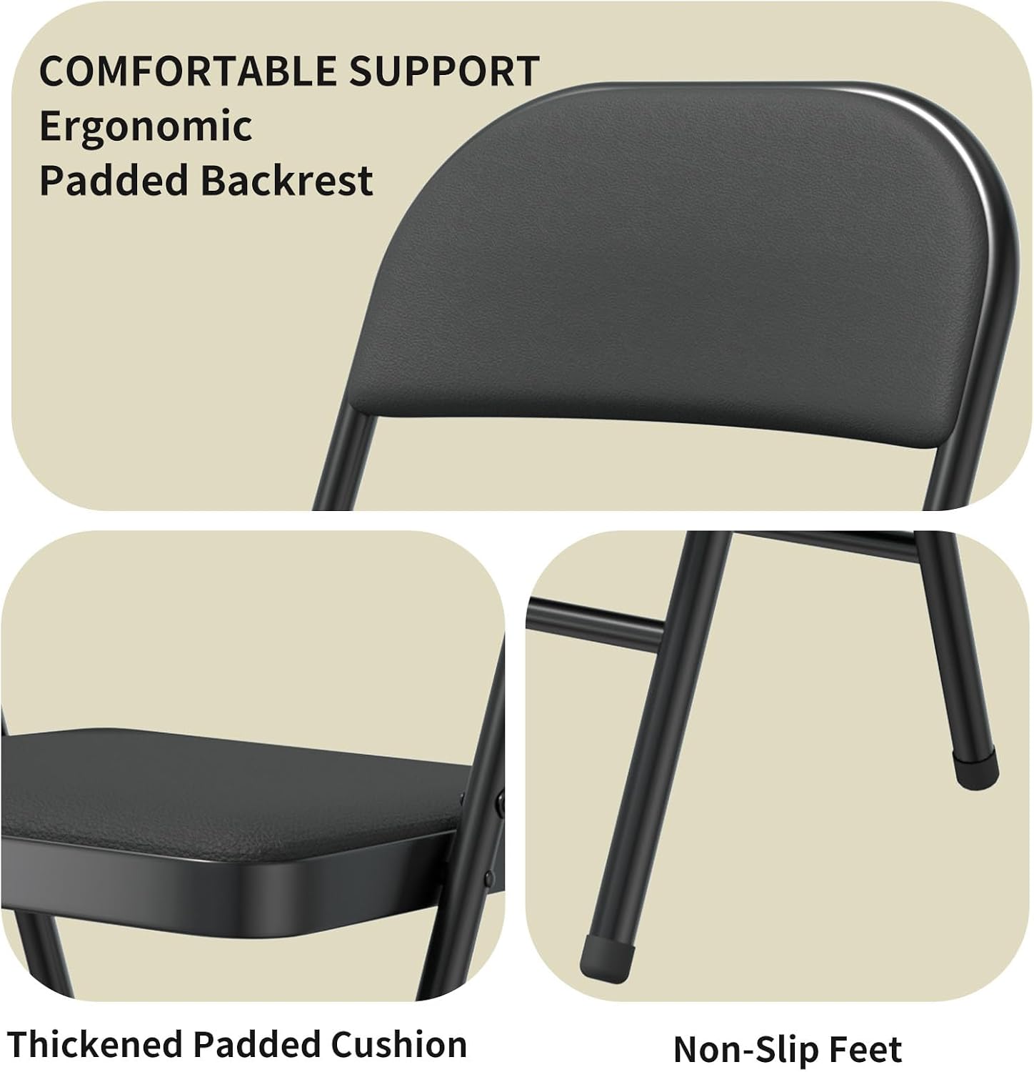 SHGJ&SOFT Set of 2 Folding Chairs with Padded Seats and Backs, Black Metal Frame Chair for Indoor and Outdoor, Home Office, Dorm, Party, Backyard, Lawn, Patio(Black, 2-Pack)