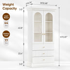 71" Arched Kitchen Cabinet, Double Glass Door Display and Storage Cabinets with Drawers, Modern Pantry for Dining Room and Living Room, White with Gold Handles, 2 of Set