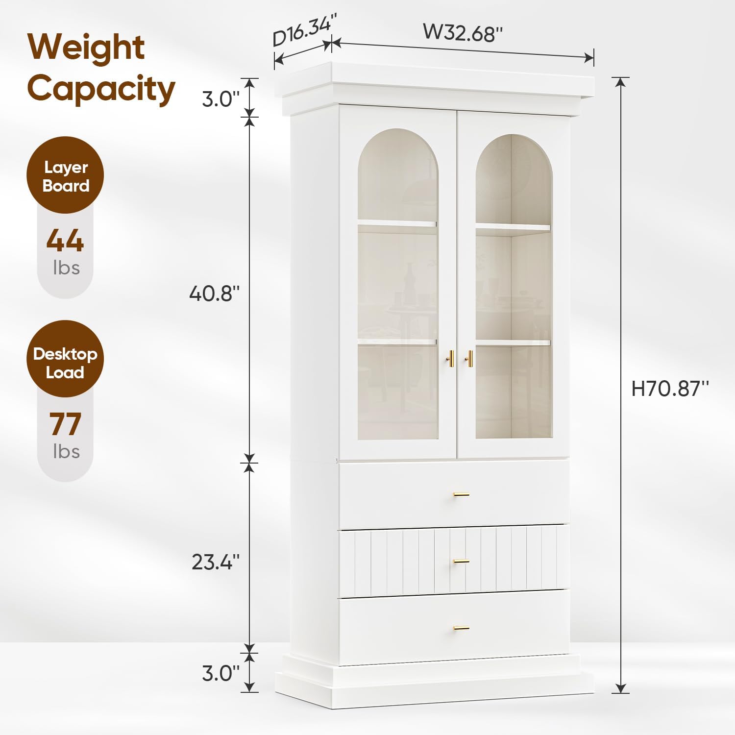71" Arched Kitchen Cabinet, Double Glass Door Display and Storage Cabinets with Drawers, Modern Pantry for Dining Room and Living Room, White with Gold Handles, 2 of Set