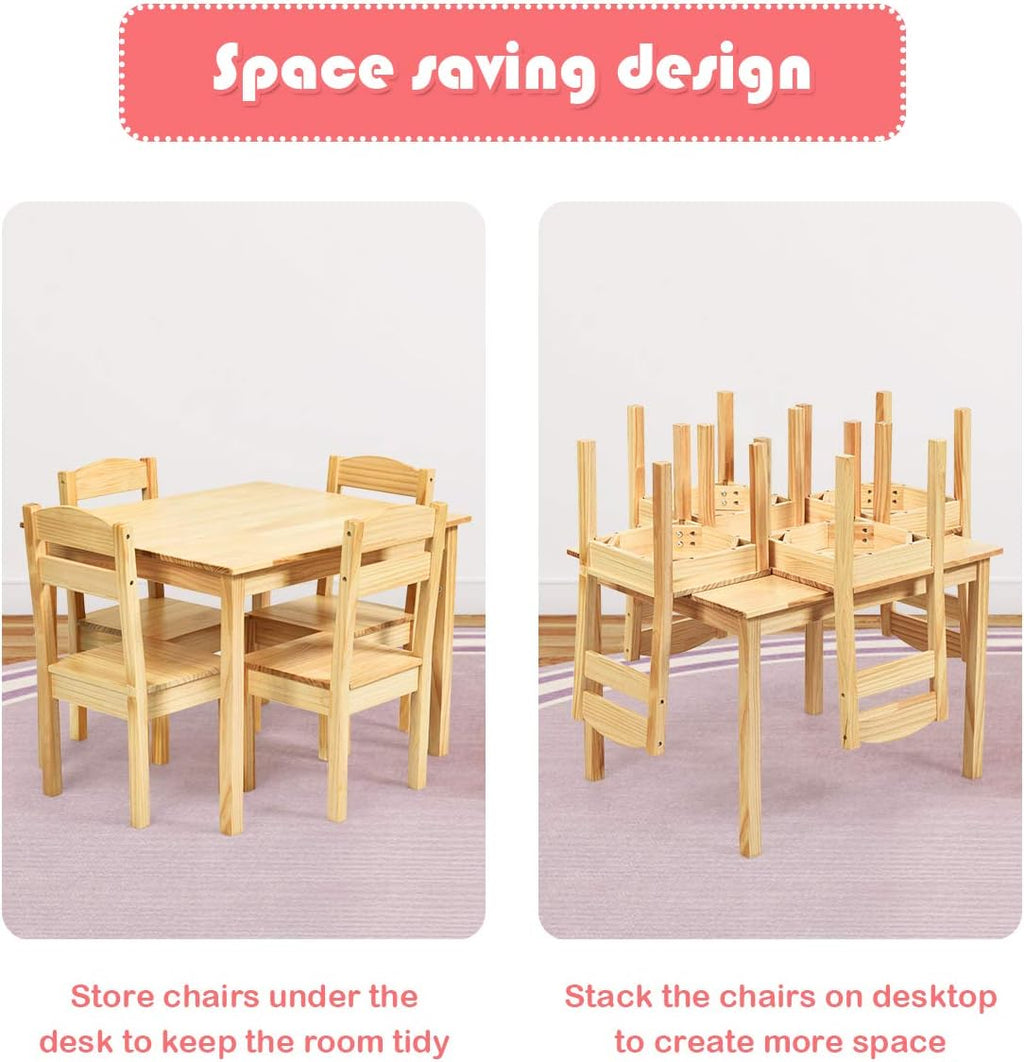 Costzon Kids Table and Chair Set, 5 Piece Wood Activity Table & Chairs for Children Arts, Crafts, Homework, Snack Time, Preschool Furniture, Gift for Boys Girls, Toddler Table and Chair Set (Natural)