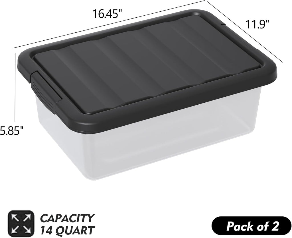 2-Pack 14 Quart Clear Plastic Latching Storage Box, Heavy-Duty Organizing Containers for Closet, Bedroom, Office