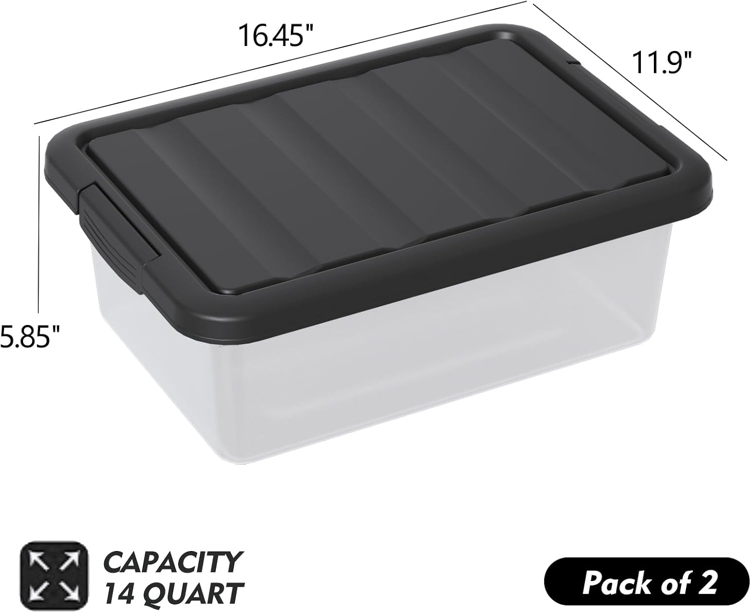 2-Pack 14 Quart Clear Plastic Latching Storage Box, Heavy-Duty Organizing Containers for Closet, Bedroom, Office