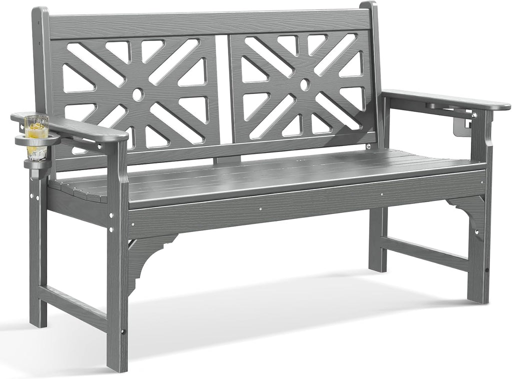 nalone Outdoor Bench with Cup Holders, HDPE Porch Bench Fade Proof (Grey) | Load up to 800 Lbs, For Patio Park Garden Porch, Low Maintenance, All weather Material Fade Proof