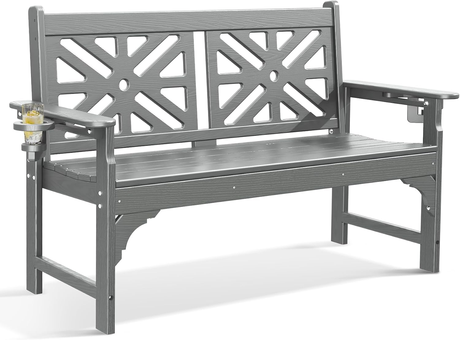 nalone Outdoor Bench with Cup Holders, HDPE Porch Bench Fade Proof (Grey) | Load up to 800 Lbs, For Patio Park Garden Porch, Low Maintenance, All weather Material Fade Proof