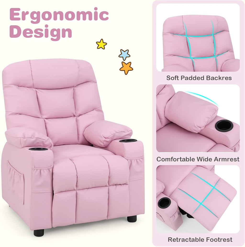 Kids Recliner, Kids Recliner Chair w/ 2 Cup Holders, PU Leather Chairs Comfy w/Adjustable Backrest & 3 Pockets, Toddler Furniture Sofa for Boys Girls Aged 3+