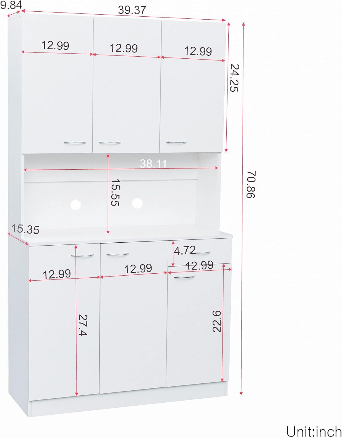 70.87" Tall 6-Door Kitchen Pantry Cabinet with Drawer & Open Shelf, Freestanding Storage Cupboard with Fixed Shelves for Kitchen, Dining Room, Laundry Room(White)