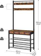 HOOBRO Hall Tree, Entryway Coat and Shoe Rack, 2 Fabric Drawers, Hall Tree with Bench, Shoe and Coat Rack, Coat Rack with Shoe Storage, 4 Tier Shoe Organizer, 9 Hooks, Rustic Brown and Black BF81MT01