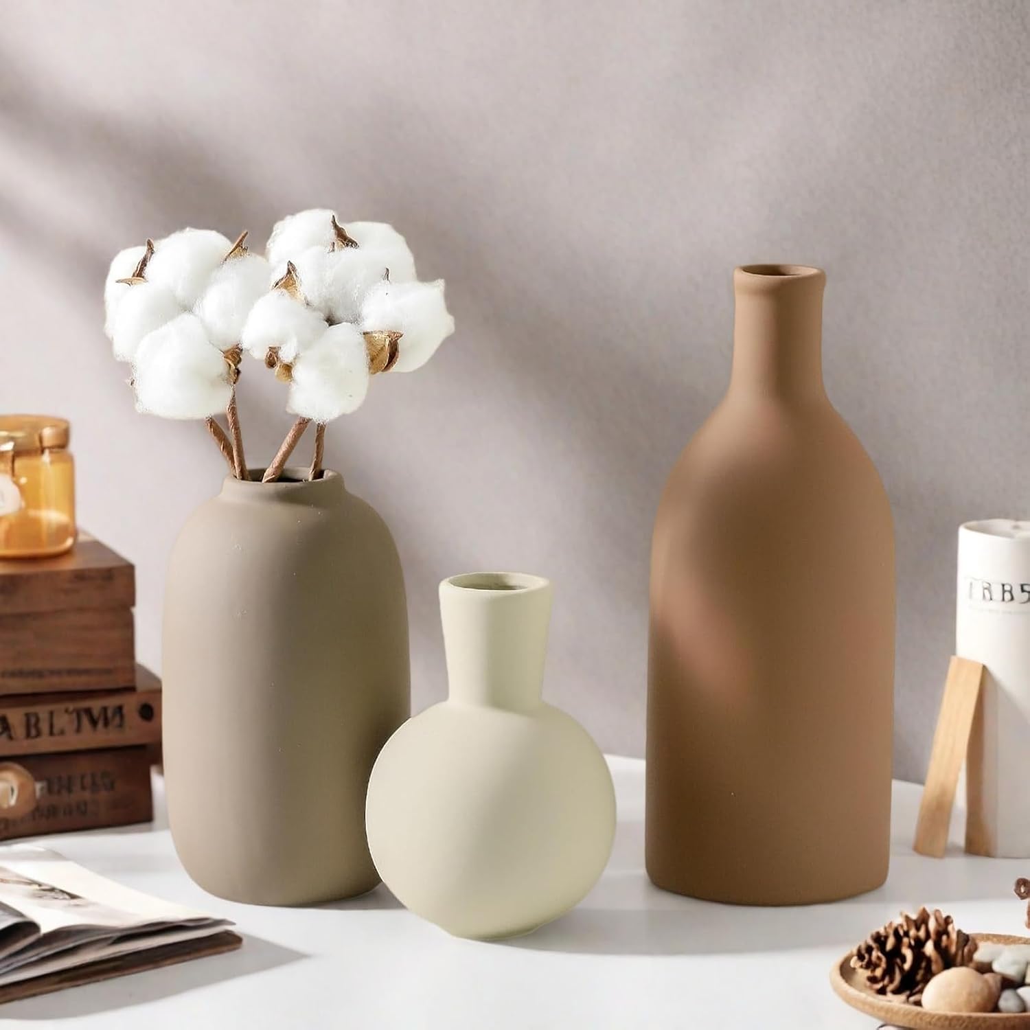 Modern Ceramic Vase Set, Neutral Decorative Vases for Home Decor, Small Flower Pottery Vase Sets for Pampas Grass Dried Flowers, for Happy Birthday Gifts, Self Care Gift