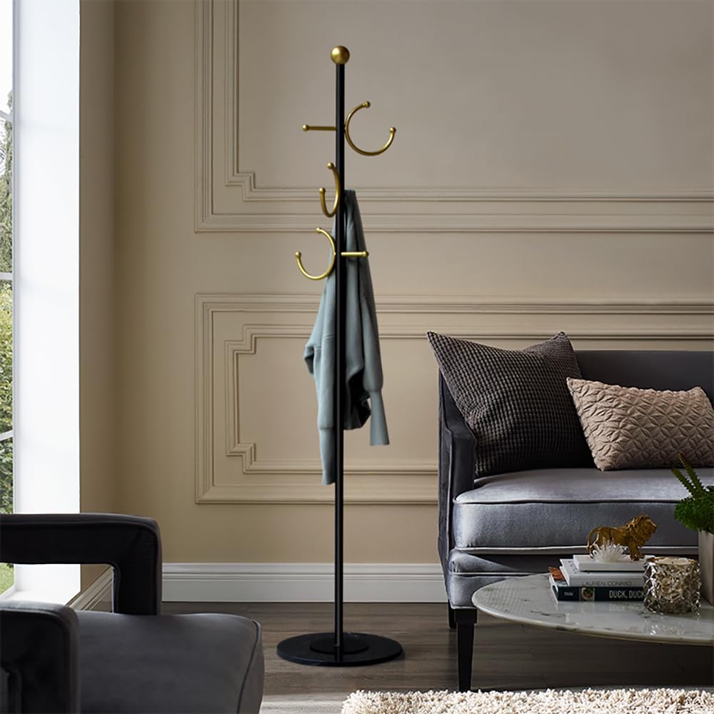 JIAYUEJU Coat Rack Freestanding Corner Coat Tree Hat Rack Stand with Heavy duty Marble Base & 6 Hooks for Entryway, Hallway, Living Room, Bedroom, Hotel, Office 14.57”x 14.57”x 66.93”