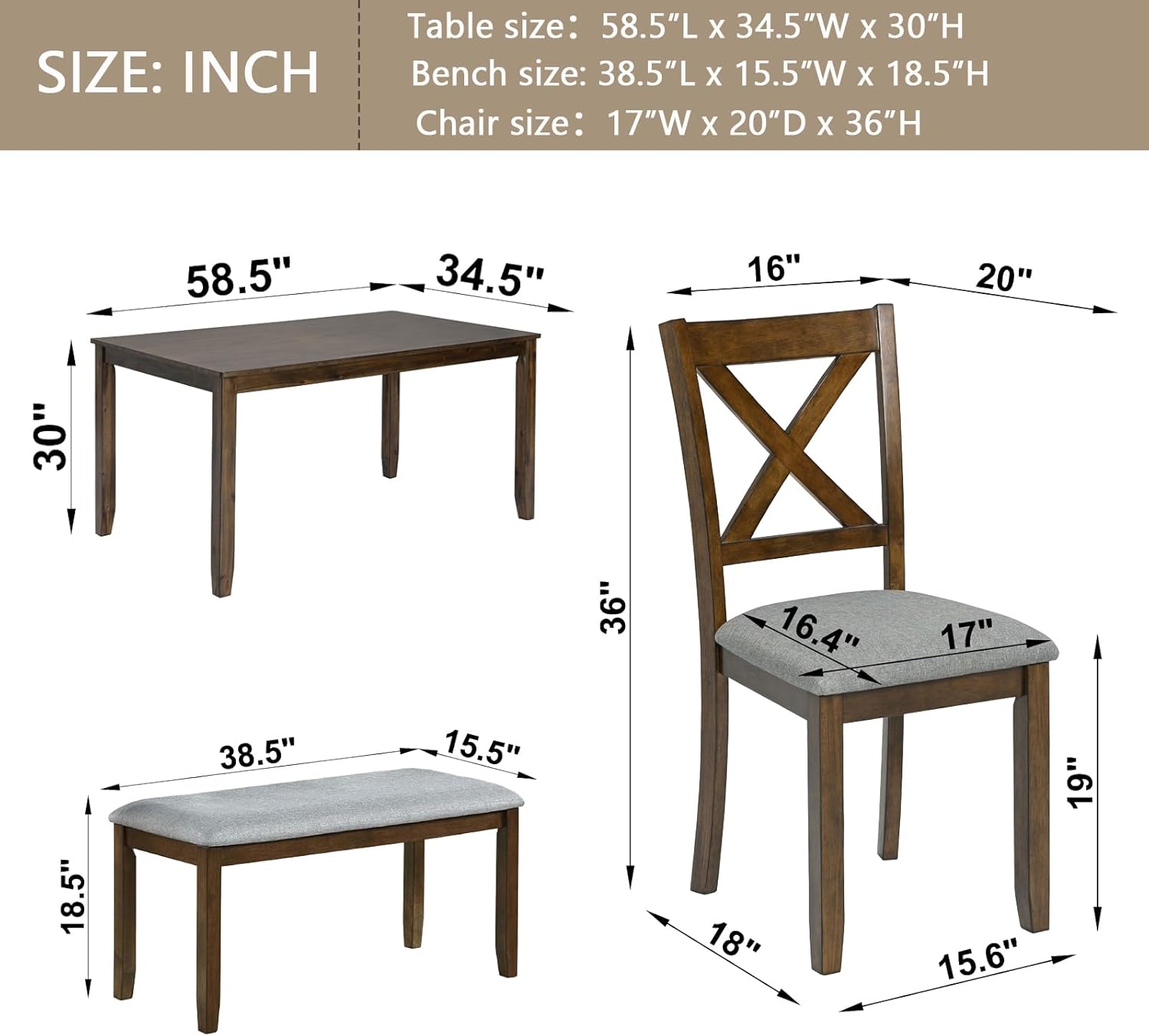 LUMISOL 6-Piece Solid Wood Dining Table Set, Wood Kitchen Table with 4 Chairs and Bench, Farmhouse Dining Table with Bench and Chairs Set for Kitchen, Living Room, Walnut Grey
