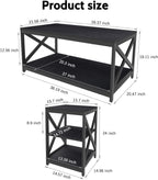 Bigbiglife Living Room Coffee Table Set of 3, Industrial X-Design Coffee Table and 2 End Side Tables, 3 Piece Living Room Table Set with Large Storage for Apartment Home (Black)