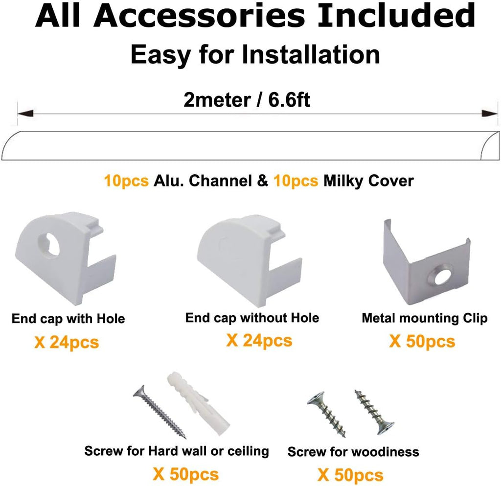hunhun 10-Pack 6.6ft/ 2Meter V Shape LED Aluminum Channel System with Milky Cover, End Caps and Mounting Clips, Aluminum Profile for LED Strip Light Installations, Very Easy Installation