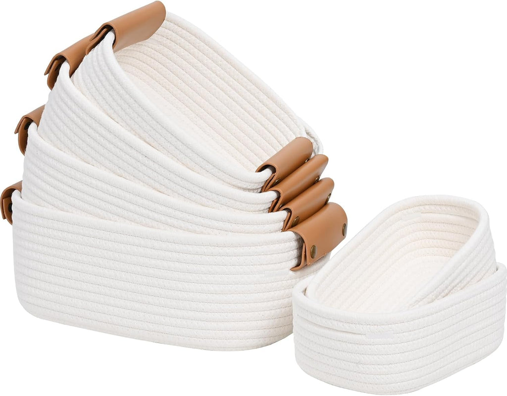 Storage Baskets for Organizing, Small Woven Basket Set of 6-4 Shelf Basket with Leather Handle and 2 Small Gift Baskets, Cotton Rope Basket for Shelves, Nursery, Dog Toy, Bathroom