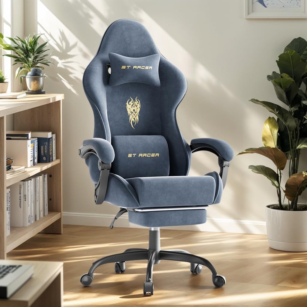 Soontrans Velvet Fabric Ergonomic Gaming Chair with Footrest, Reclining Office Computer Desk Game Chairs with Massage Lumbar Cushion,Headrest,Comfortable Video Gamer Chair for Adult