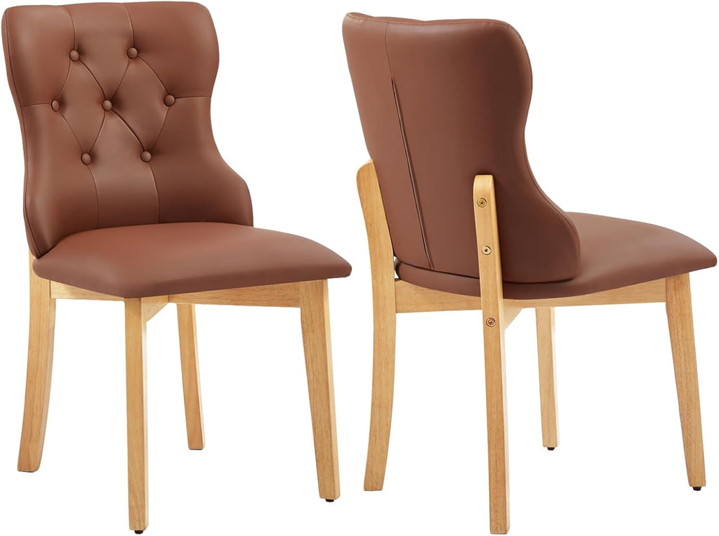 Faux Leather Dining Chairs Set of 2, Upholstered Dining Room Chair with Button Tufted, Solid Wood Legs, Mid Century Modern, Luxury Wingback Side Chair for Living Room, Kitchen, Restaurant, Brown