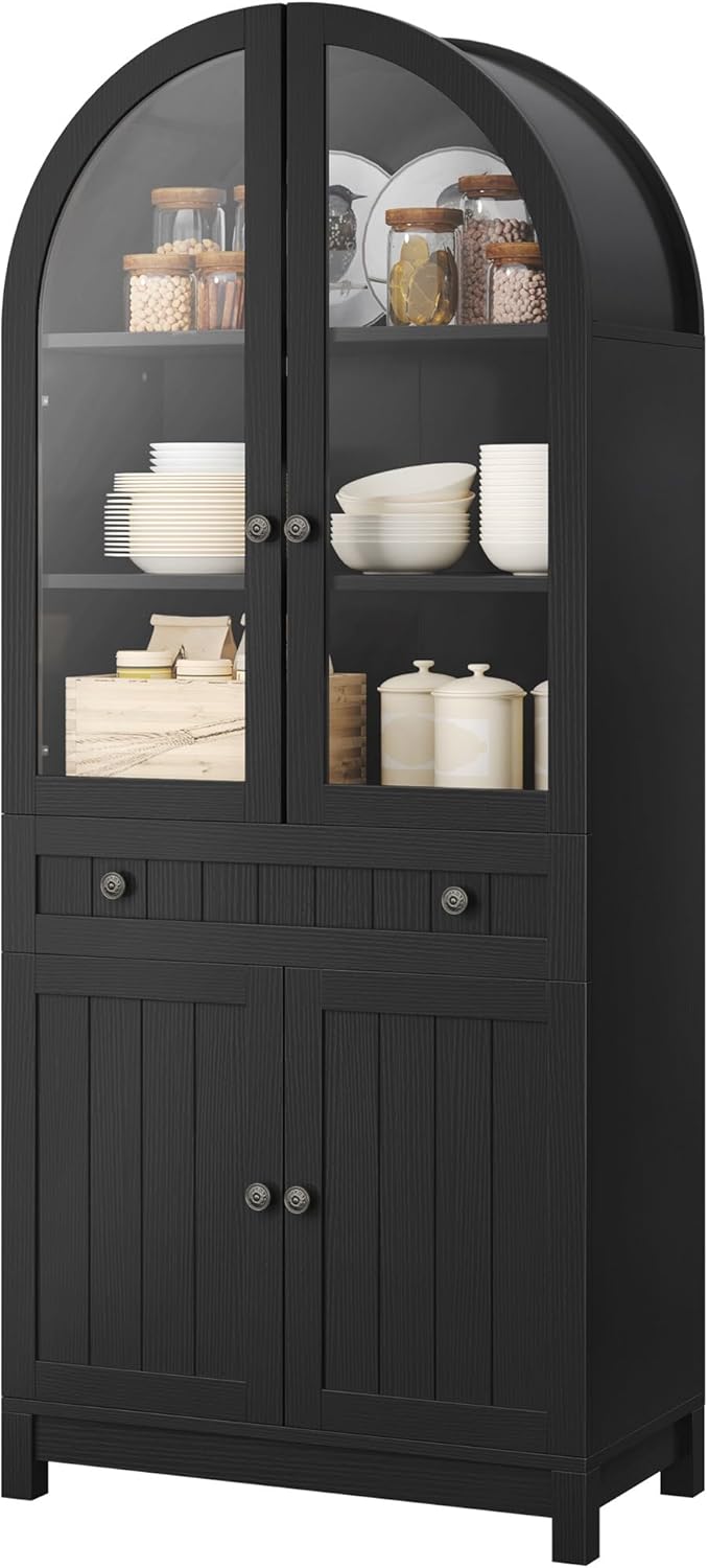 YITAHOME Arched Cabinet, 71" Tall Kitchen Pantry Storage Cabinet with Glass Door, Adjustable Shelves and Drawer, Farmhouse Wood Versatile Cupboard for Living Dining Room, Black