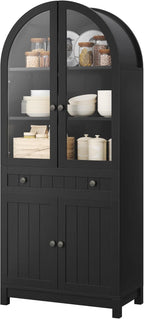 YITAHOME Arched Cabinet, 71" Tall Kitchen Pantry Storage Cabinet with Glass Door, Adjustable Shelves and Drawer, Farmhouse Wood Versatile Cupboard for Living Dining Room, Black