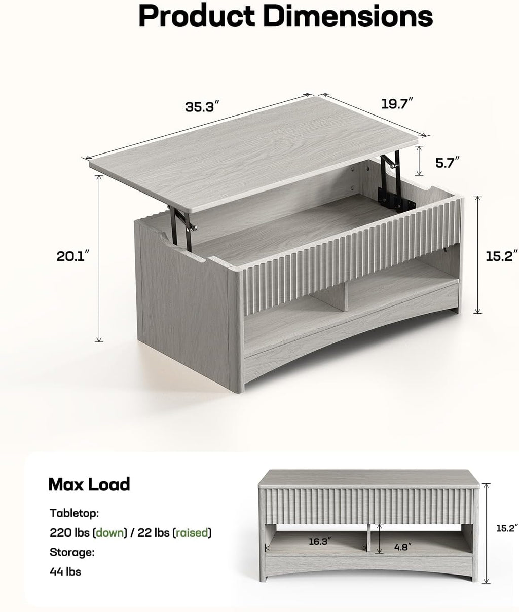 Marsail Lift-Top Coffee Table, Fluted Center Table with Hidden Compartments, Smooth Lifting & Space-Saving Design, Versatile Wood Coffee Table for Living Room and Office, Grey