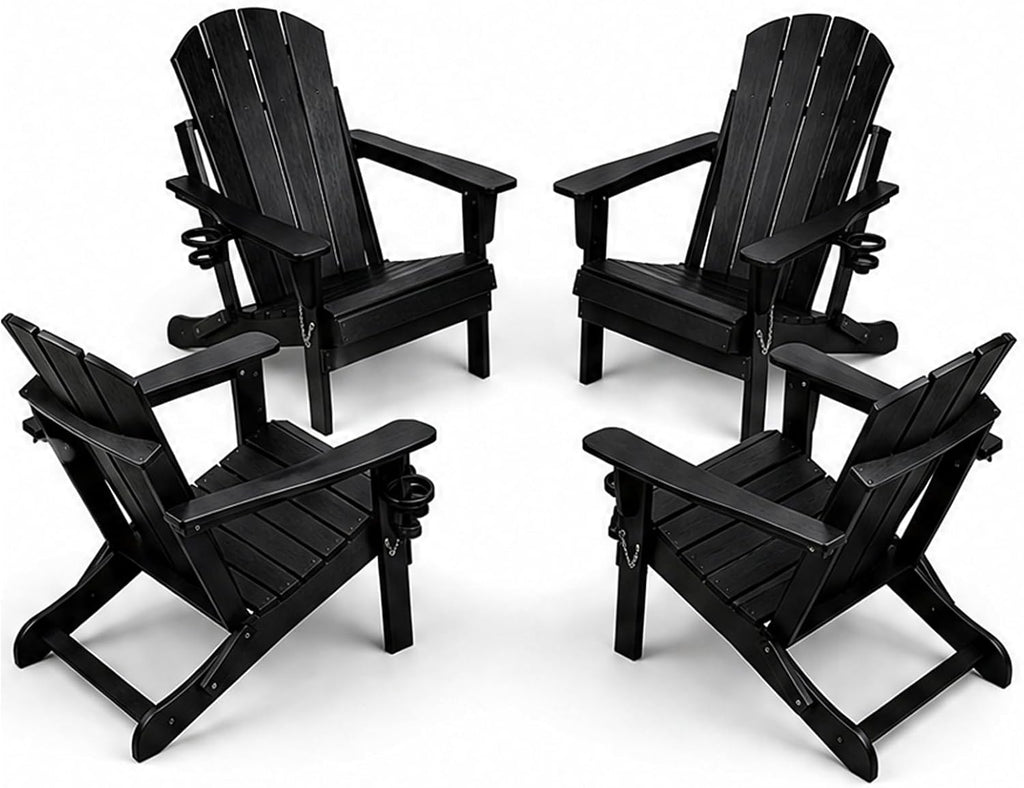 Foldable Adirondack Chair Set of 2/4/6, HDPE Outdoor Patio Chair with Cup Holder & Phone Slot, Heavy Duty 380 lbs, Metal Limit Chain, Space Saving Folding, Multiple Colors (4, Black)