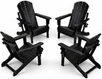 Foldable Adirondack Chair Set of 2/4/6, HDPE Outdoor Patio Chair with Cup Holder & Phone Slot, Heavy Duty 380 lbs, Metal Limit Chain, Space Saving Folding, Multiple Colors (4, Black)