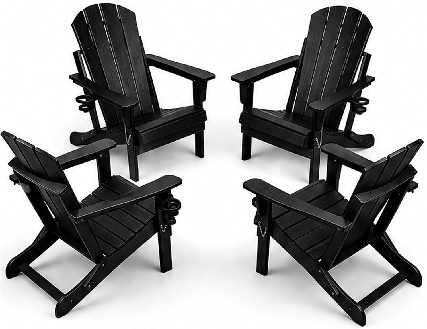 Foldable Adirondack Chair Set of 2/4/6, HDPE Outdoor Patio Chair with Cup Holder & Phone Slot, Heavy Duty 380 lbs, Metal Limit Chain, Space Saving Folding, Multiple Colors (4, Black)