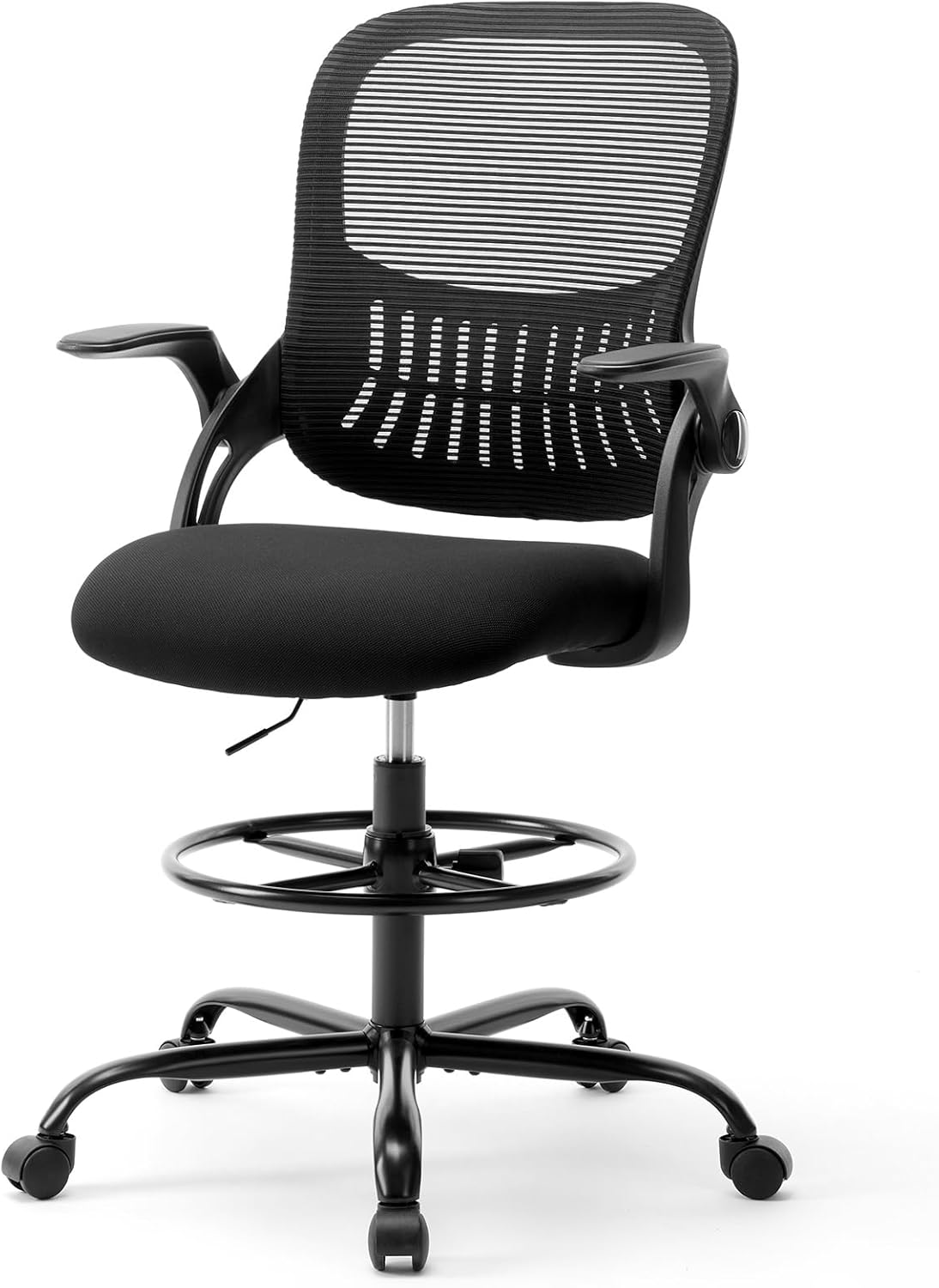 DUMOS Drafting Chair with Flip-up Arms, Tall Office Standing Desk Chair with 360° Swivel Rolling Wheels, Counter Height Adjustable, High Ergonomic Mesh Computer Chairs, Ink