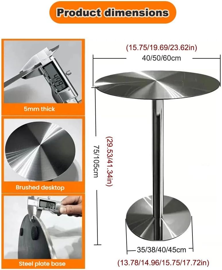 Round Bar Table,Sofa Side Table for Living Room,Freestanding Breakfast Desk with Stainless Steel Top and Stand,Easy to Assemble(50x105cm)