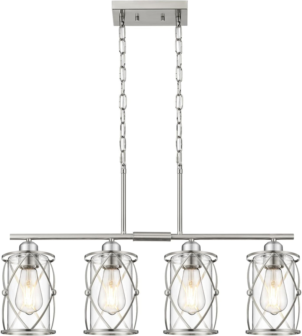4-Light Kitchen Island Lighting, Modern Brushed Nickel Dining Room Light Fixtures with Clear Glass, Farmhouse Industrial Linear Chandelier Pendant Light with Adjustable Chain, CH9176BN-4IS