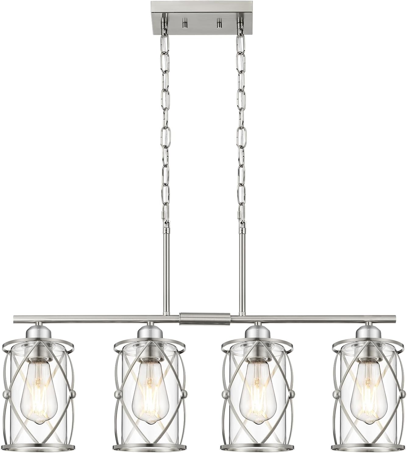 4-Light Kitchen Island Lighting, Modern Brushed Nickel Dining Room Light Fixtures with Clear Glass, Farmhouse Industrial Linear Chandelier Pendant Light with Adjustable Chain, CH9176BN-4IS