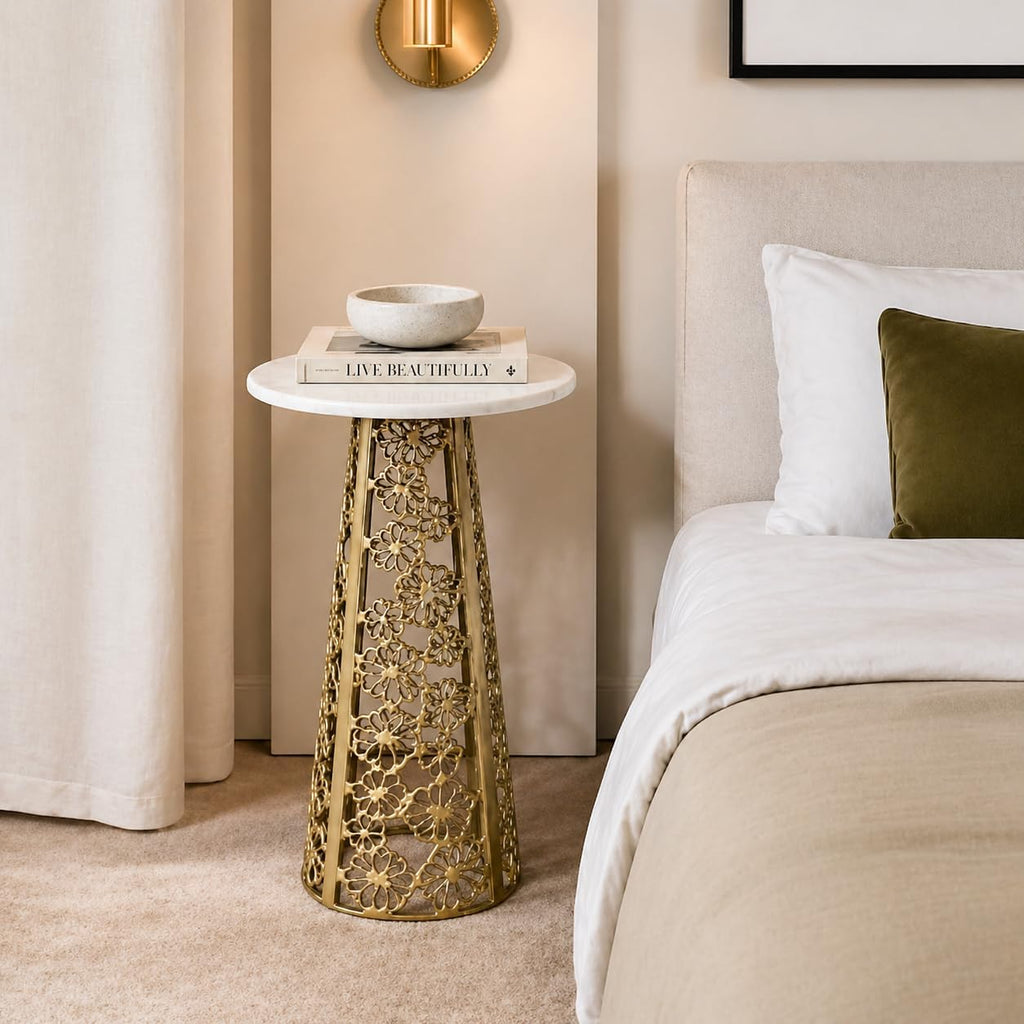 Gold Side Table with White Marble Top | Decorative Modern End Table | Aluminum Base | Accent Table for Living Room | 11x11x21.25