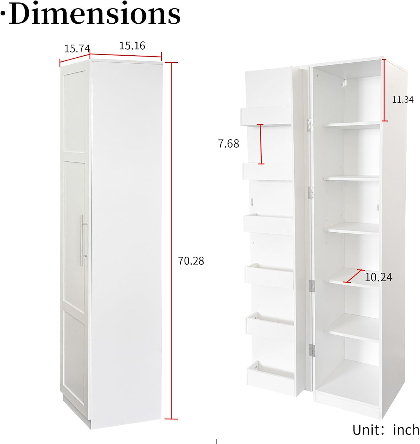 JOYSOURCE Slim Kitchen Pantry 70.3" Tall Storage Cabinet with Adjustable Shelves Narrow Freestanding 6-Tier Pantry Cabinet with Door Shelving for Small Spaces White