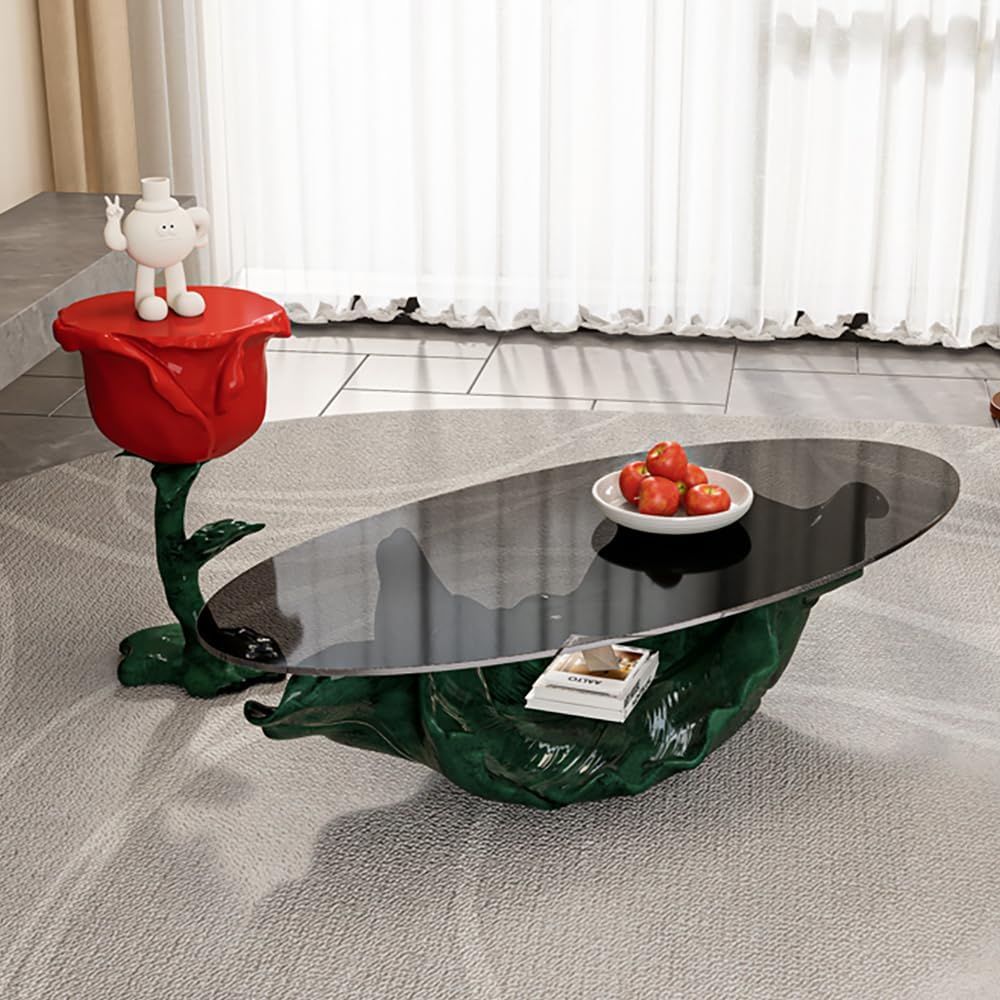 LOVEDIMA Modern Small End Table,Red Resin Rose Sculpture Cute Pedestal Side Table with Tray