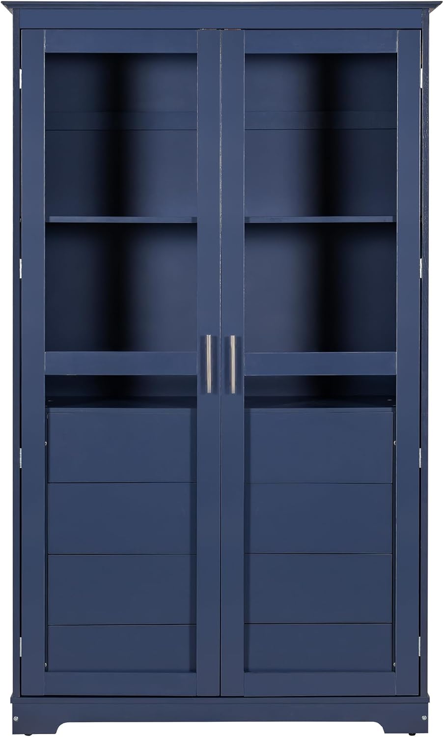 Merax Kitchen Pantry Cabinet with 2 Glass Doors & 4 Large Drawers, Pine Wood Frame & Higher Shelf‌ Height, Freestanding Storage Cabinet for Kitchen Dining Room Living Room, 44.7"x20"x75" (Blue)