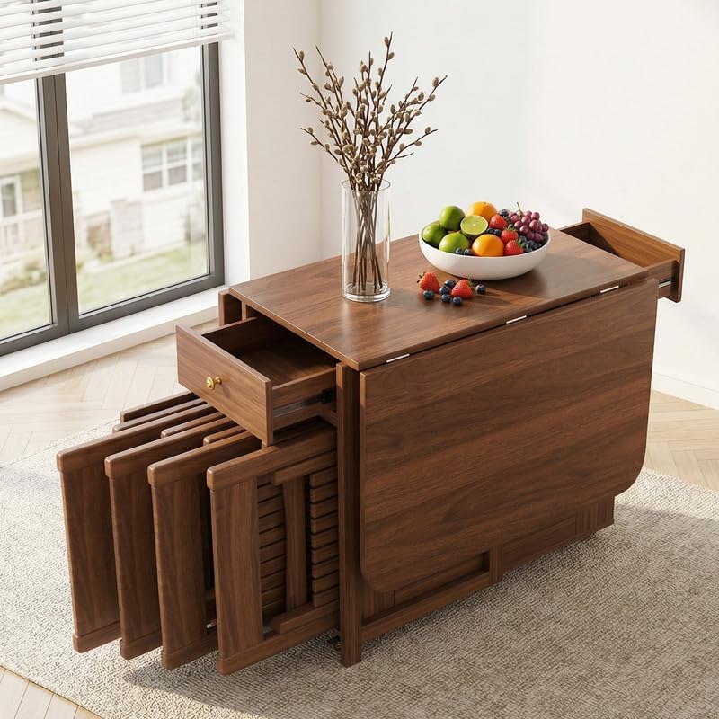 Folding Drop Leaf Dining Room Table 4-6 Seater with Storage and Lockable Wheels, 51" Fully Assembled Solid Wood Space-Saving Foldable Kitchen Table (Walnut)