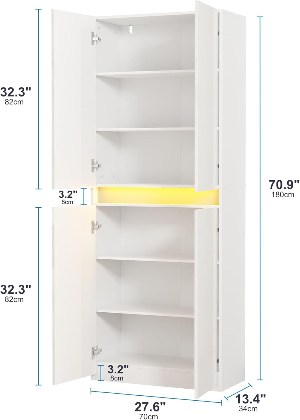Furnify 71" Tall Pantry Storage Cabinet, Kitchen Pantry with High Gloss Doors, Modern Buffet Hutch Cabinet with Led Light and Adjustable Shelves for Dining Room, Living Room, White